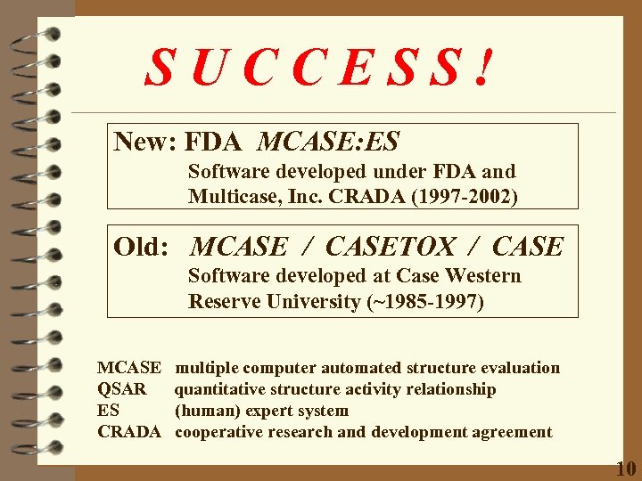 SUCCESS! New: FDA MCASE: ES Software developed under FDA and Multicase, Inc. CRADA (1997