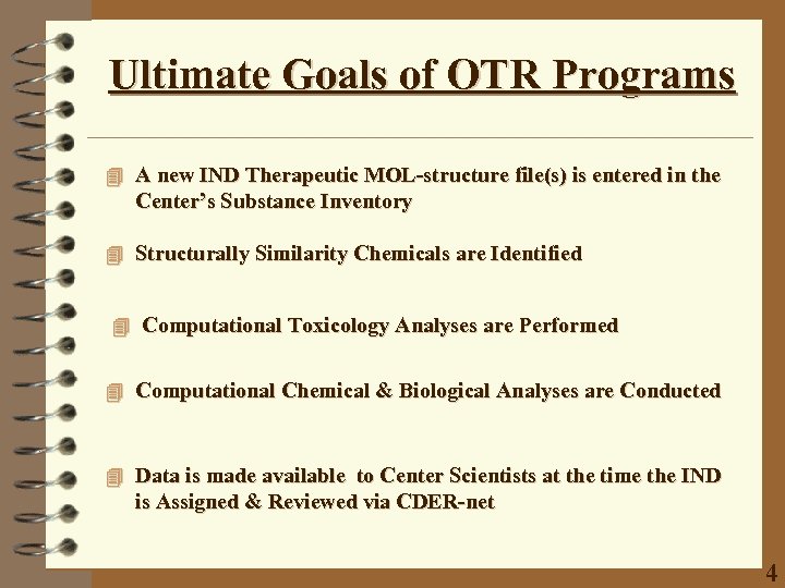 Ultimate Goals of OTR Programs 4 A new IND Therapeutic MOL-structure file(s) is entered