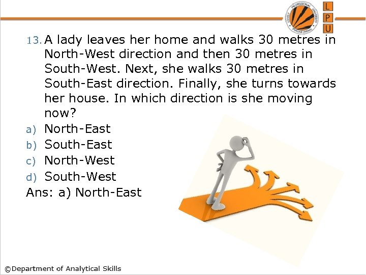 13. A lady leaves her home and walks 30 metres in North-West direction and