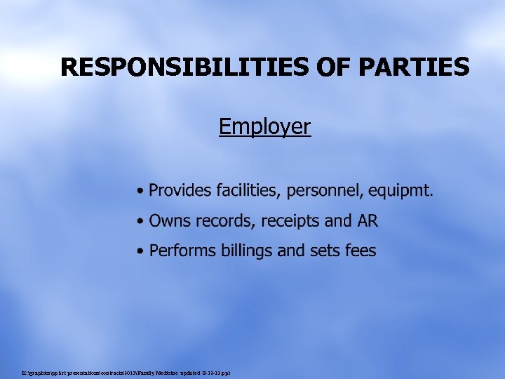 RESPONSIBILITIES OF PARTIES Employer K: graphicspptrt presentationscontracts2013Family Medicine updated 8 -12 -13. ppt 