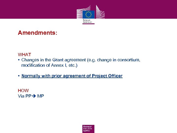 Amendments: WHAT • Changes in the Grant agreement (e. g. change in consortium, modification
