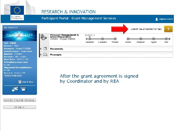 After the grant agreement is signed by Coordinator and by REA 
