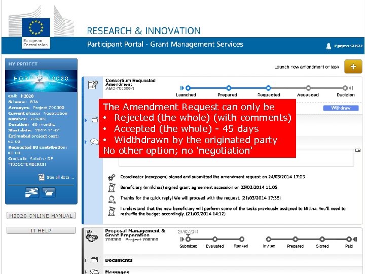 The Amendment Request can only be • Rejected (the whole) (with comments) • Accepted