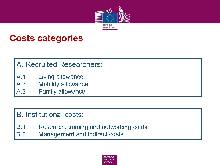 Costs categories A. Recruited Researchers: A. 1 A. 2 A. 3 Living allowance Mobility