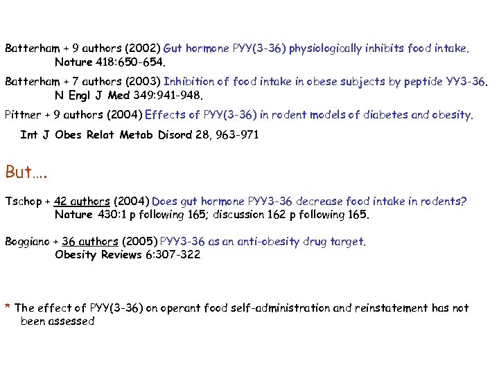 Batterham + 9 authors (2002) Gut hormone PYY(3 -36) physiologically inhibits food intake. Nature