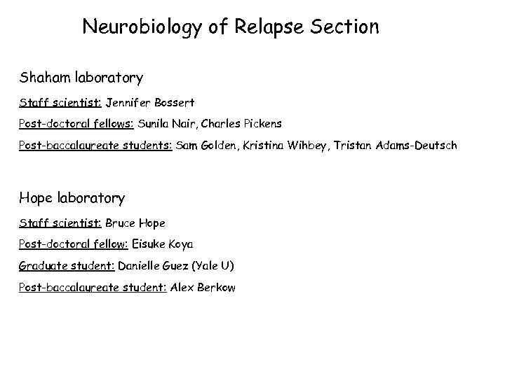 Neurobiology of Relapse Section Shaham laboratory Staff scientist: Jennifer Bossert Post-doctoral fellows: Sunila Nair,