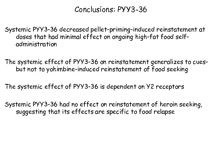 Conclusions: PYY 3 -36 Systemic PYY 3 -36 decreased pellet-priming-induced reinstatement at doses that