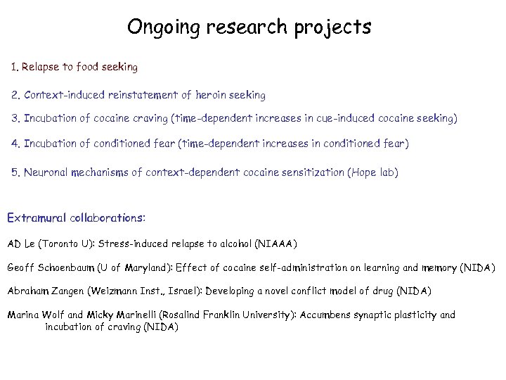 Ongoing research projects 1. Relapse to food seeking 2. Context-induced reinstatement of heroin seeking