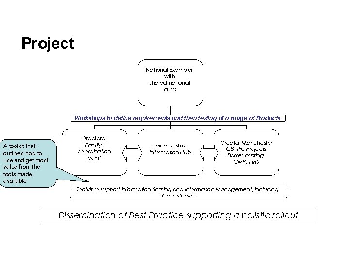 Project National Exemplar with shared national aims Workshops to define requirements and then testing