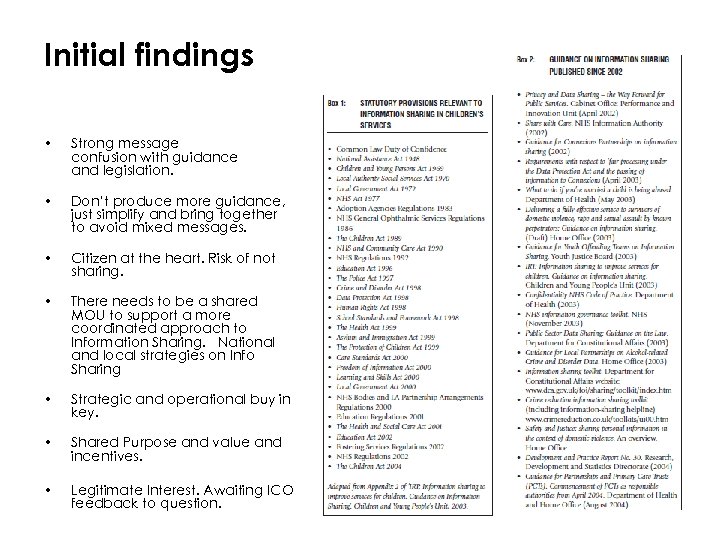 Initial findings • Strong message confusion with guidance and legislation. • Don’t produce more