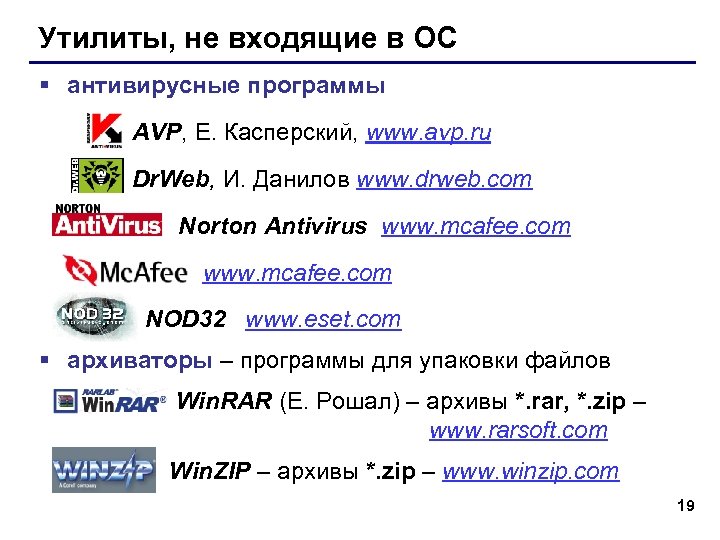 Утилиты, не входящие в ОС § антивирусные программы AVP, Е. Касперский, www. avp. ru
