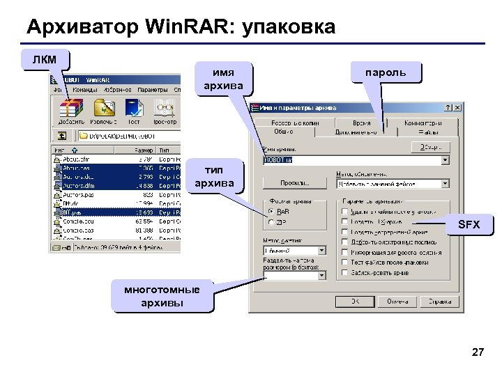 Архиватор Win. RAR: упаковка ЛКМ имя архива пароль тип архива SFX многотомные архивы 27