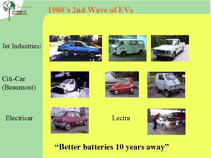 1980’s 2 nd Wave of EVs Jet Industries: Citi-Car (Beaumont) Electricar Lectra “Better batteries