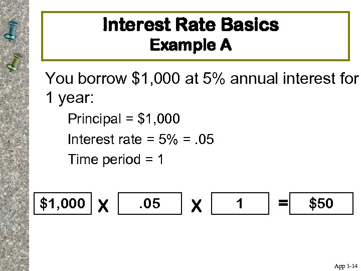 Interest Rate Basics Example A You borrow $1, 000 at 5% annual interest for