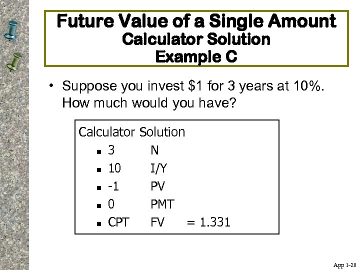 Future Value of a Single Amount Calculator Solution Example C • Suppose you invest