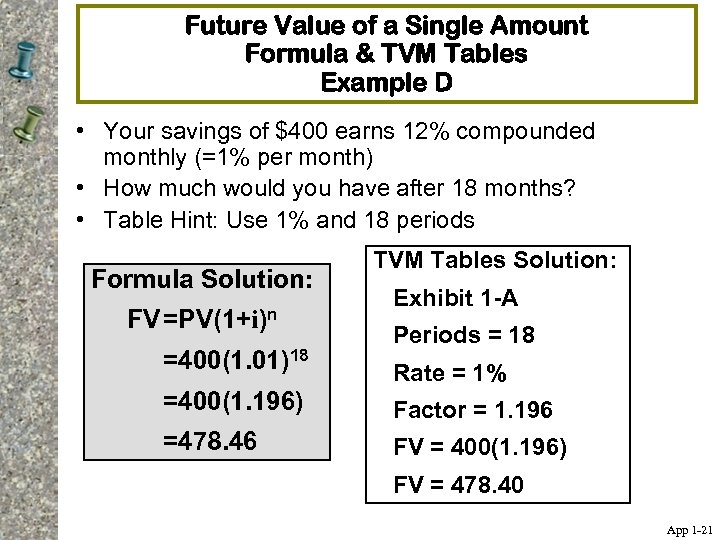 Future Value of a Single Amount Formula & TVM Tables Example D • Your