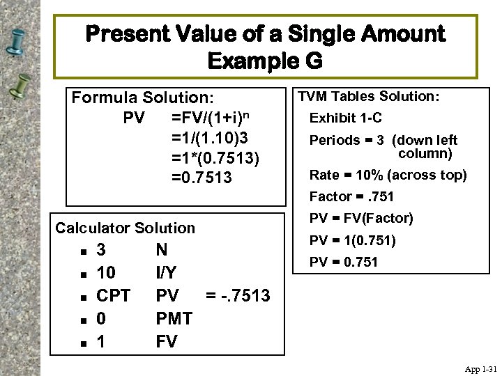 Present Value of a Single Amount Example G Formula Solution: PV =FV/(1+i)n =1/(1. 10)3