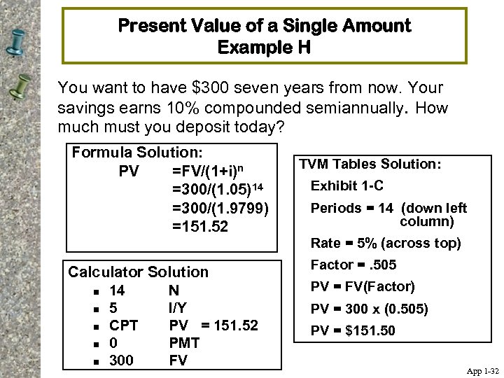 Present Value of a Single Amount Example H You want to have $300 seven