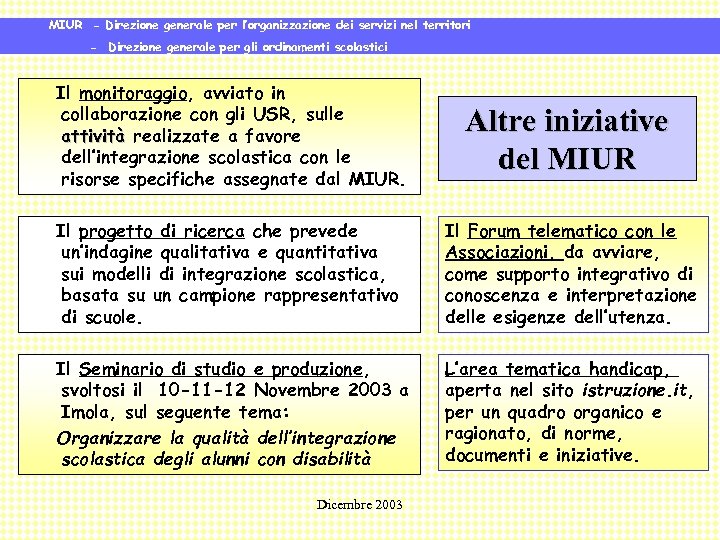MIUR - Direzione generale per l’organizzazione dei servizi nel territori - Direzione generale per