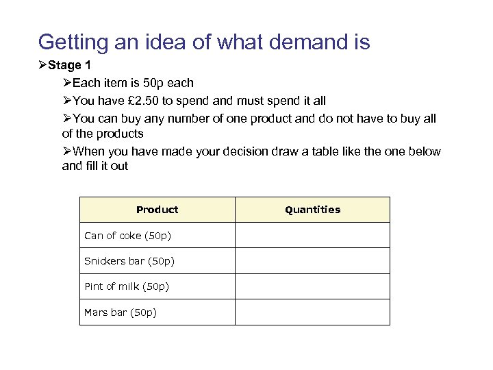 Getting an idea of what demand is ØStage 1 ØEach item is 50 p