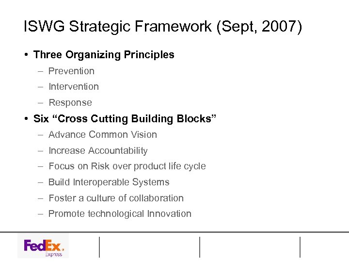 ISWG Strategic Framework (Sept, 2007) • Three Organizing Principles – Prevention – Intervention –