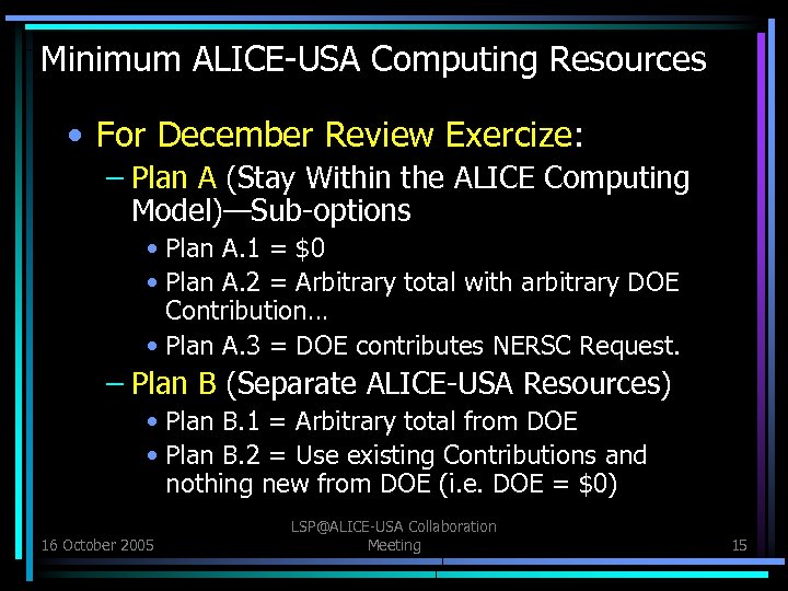 Minimum ALICE-USA Computing Resources • For December Review Exercize: – Plan A (Stay Within