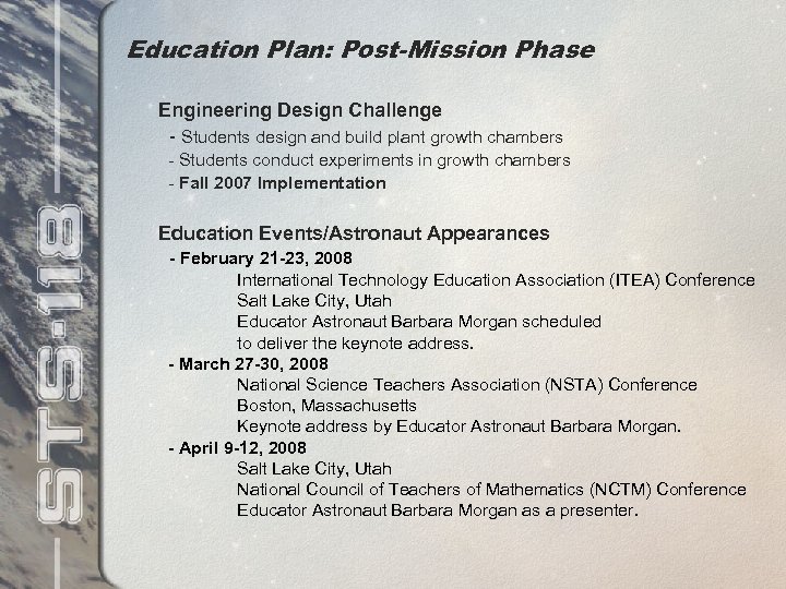 Education Plan: Post-Mission Phase Engineering Design Challenge - Students design and build plant growth