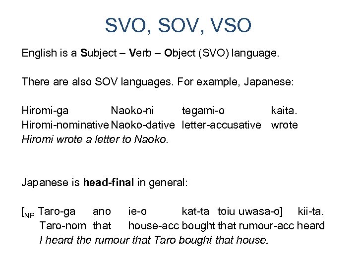 SVO, SOV, VSO English is a Subject – Verb – Object (SVO) language. There