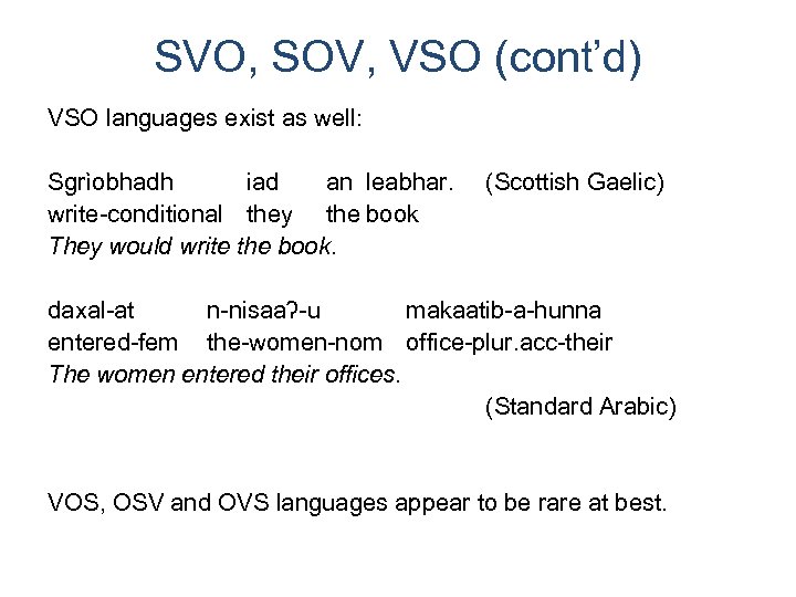 SVO, SOV, VSO (cont’d) VSO languages exist as well: Sgrìobhadh iad an leabhar. write-conditional