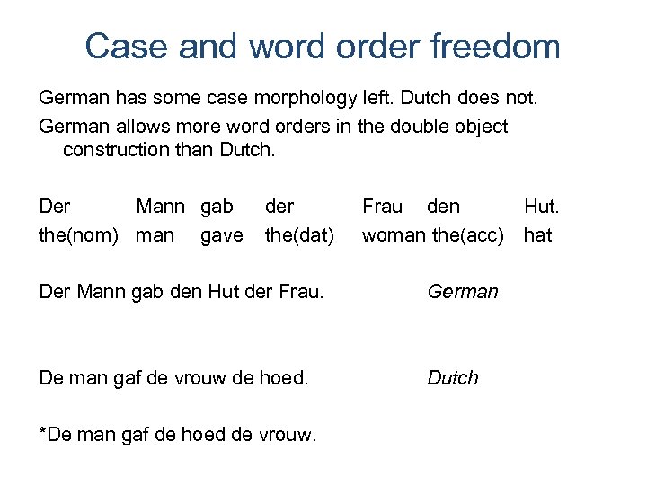 Case and word order freedom German has some case morphology left. Dutch does not.