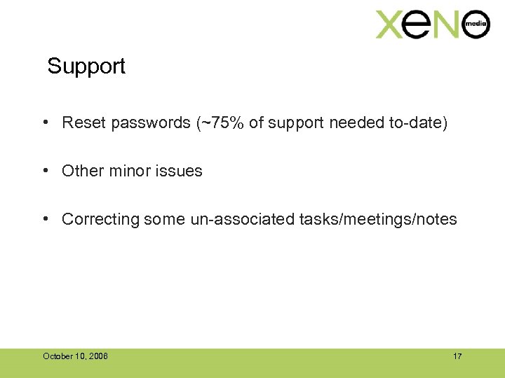 Support • Reset passwords (~75% of support needed to-date) • Other minor issues •