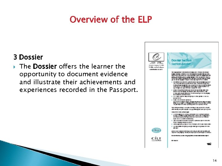 Overview of the ELP 3 Dossier The Dossier offers the learner the opportunity to