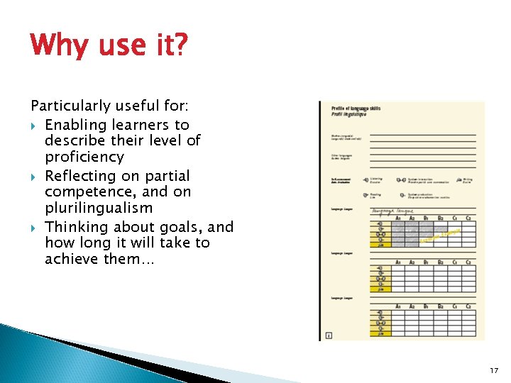 Why use it? Particularly useful for: Enabling learners to describe their level of proficiency