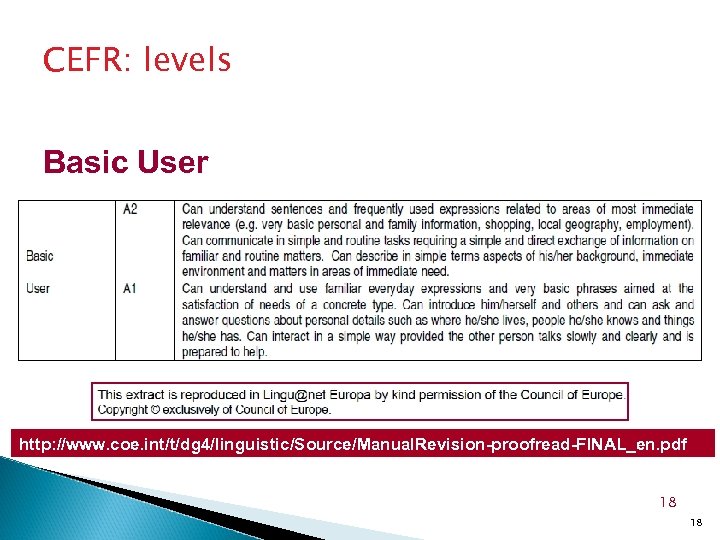CEFR: levels Basic User http: //www. coe. int/t/dg 4/linguistic/Source/Manual. Revision-proofread-FINAL_en. pdf 18 18 
