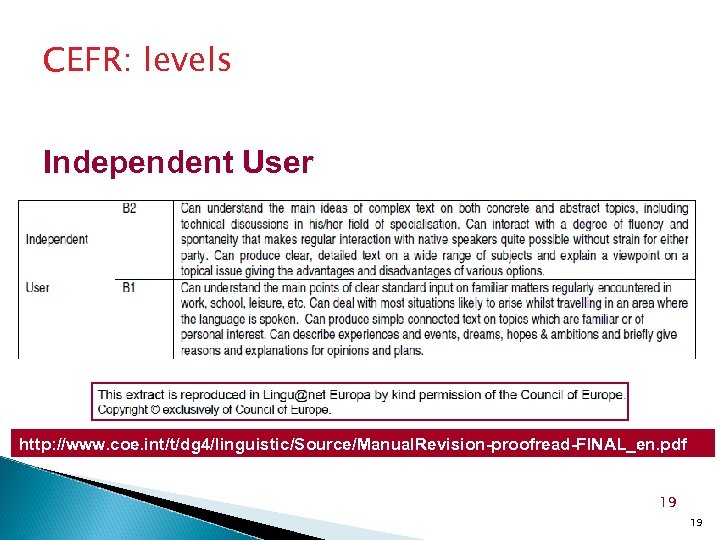 CEFR: levels Independent User http: //www. coe. int/t/dg 4/linguistic/Source/Manual. Revision-proofread-FINAL_en. pdf 19 19 