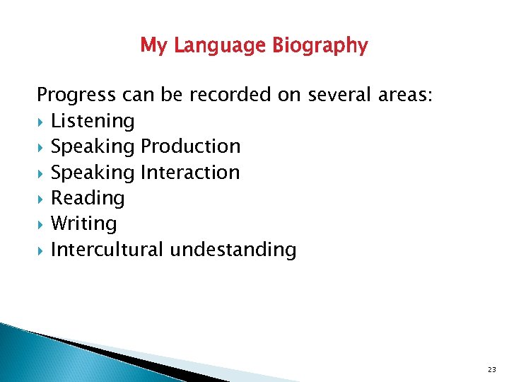 My Language Biography Progress can be recorded on several areas: Listening Speaking Production Speaking