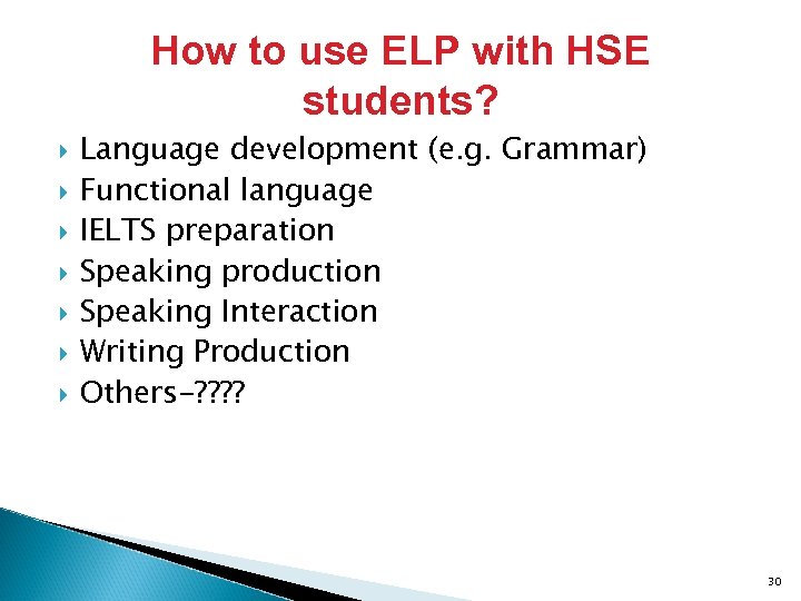 How to use ELP with HSE students? Language development (e. g. Grammar) Functional language