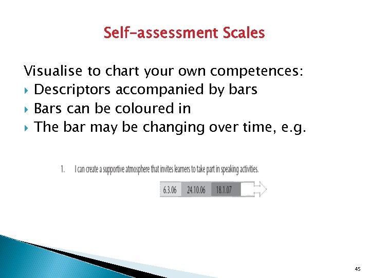 Self-assessment Scales Visualise to chart your own competences: Descriptors accompanied by bars Bars can