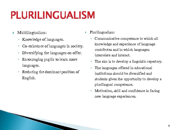 PLURILINGUALISM Multilingualism: ◦ Knowledge of languages. ◦ Co-existence of languages in society. ◦ Diversifying