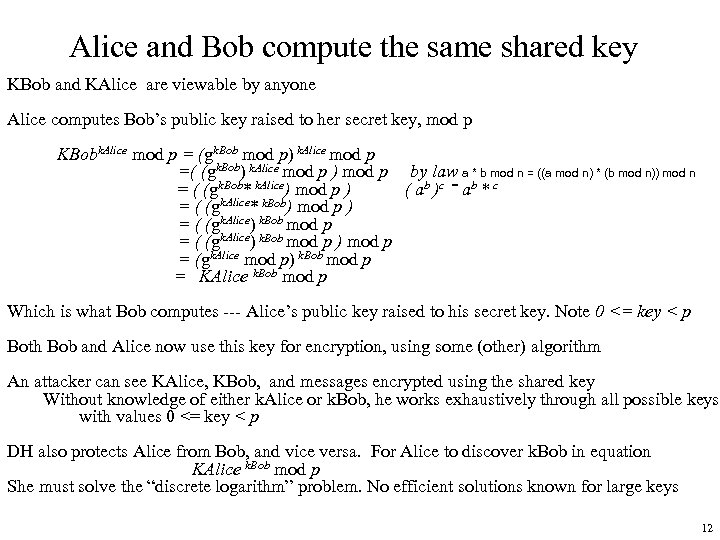 Alice and Bob compute the same shared key KBob and KAlice are viewable by