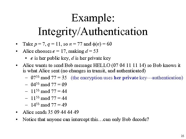 Example: Integrity/Authentication • Take p = 7, q = 11, so n = 77