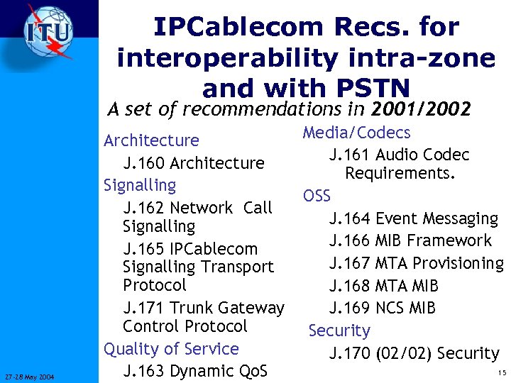 IPCablecom Recs. for interoperability intra-zone and with PSTN A set of recommendations in 2001/2002