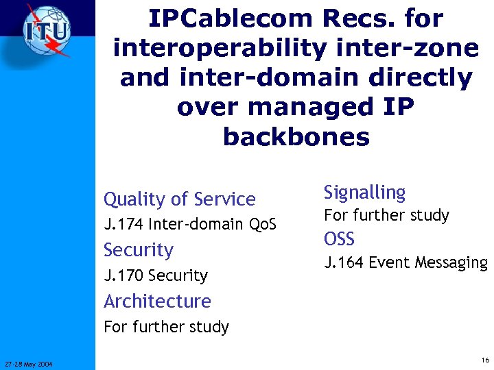 IPCablecom Recs. for interoperability inter-zone and inter-domain directly over managed IP backbones Quality of