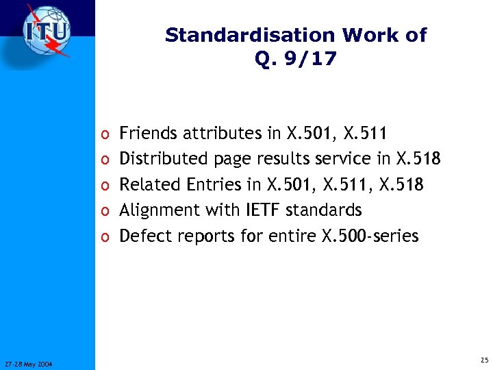 Standardisation Work of Q. 9/17 o Friends attributes in X. 501, X. 511 o