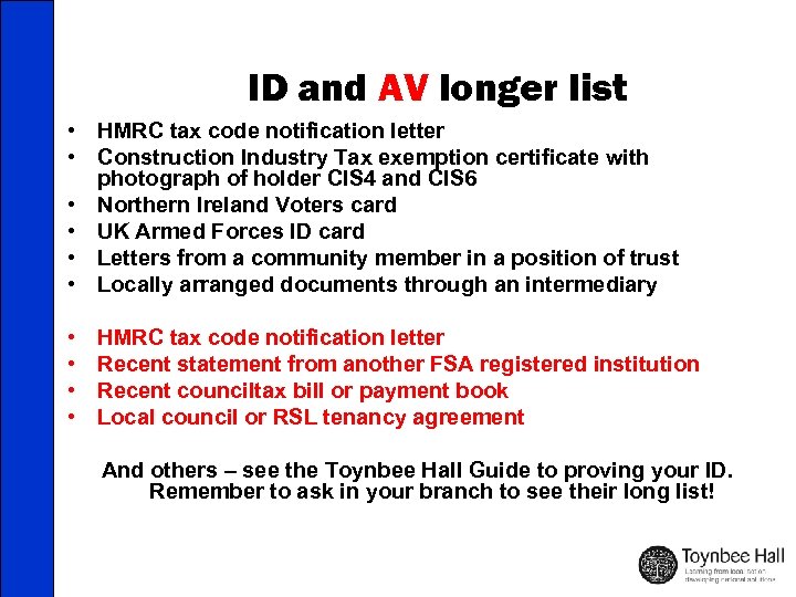 ID and AV longer list • HMRC tax code notification letter • Construction Industry