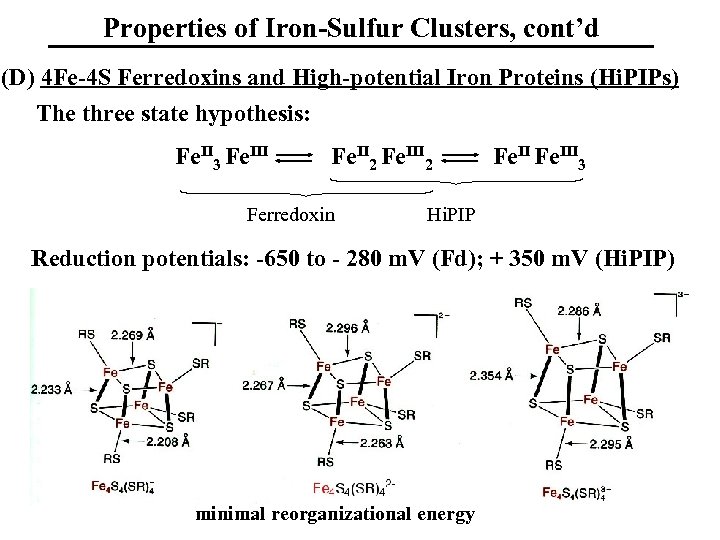 Properties of Iron-Sulfur Clusters, cont’d (D) 4 Fe-4 S Ferredoxins and High-potential Iron Proteins