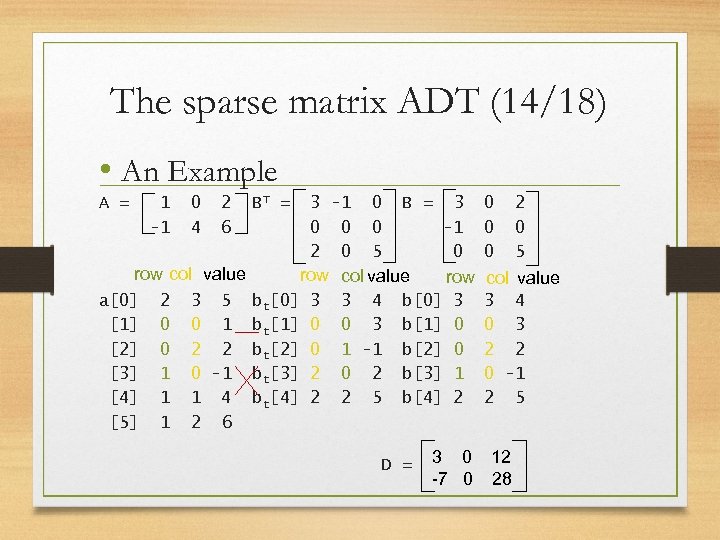 The sparse matrix ADT (14/18) • An Example A = 1 -1 0 4