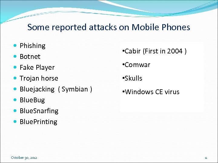 Some reported attacks on Mobile Phones Phishing Botnet Fake Player Trojan horse Bluejacking (
