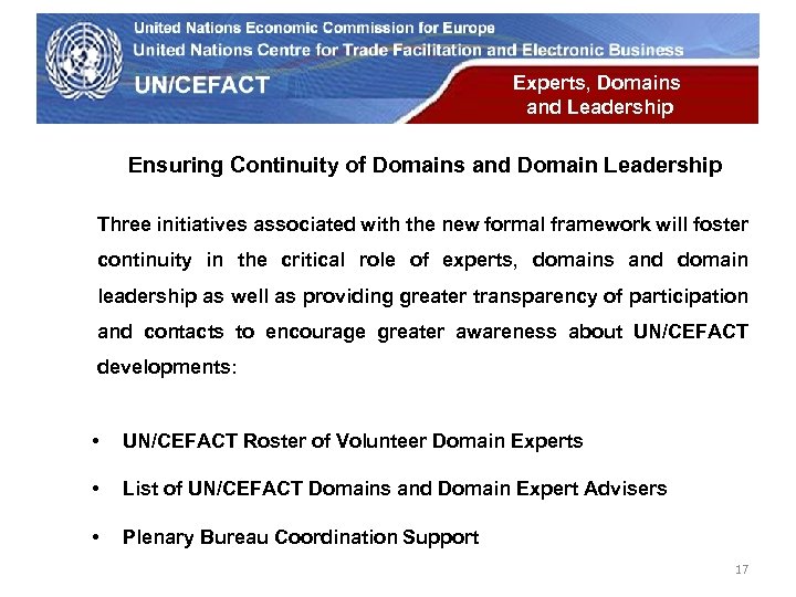 UN Economic Commission for Europe Experts, Domains and Leadership Ensuring Continuity of Domains and