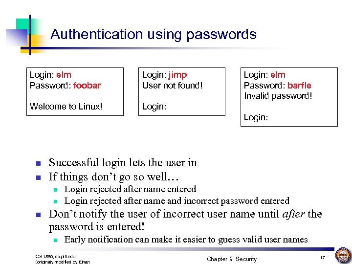 Authentication using passwords Login: elm Password: foobar Login: jimp User not found! Welcome to